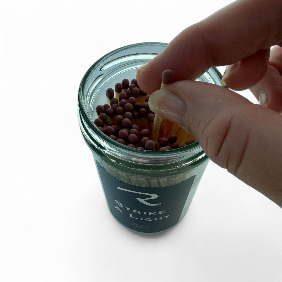 Premium Strike a Light long wooden candle matches in a refillable glass jar, perfect as a luxury gift for candle lovers by ReCalm Holistic.