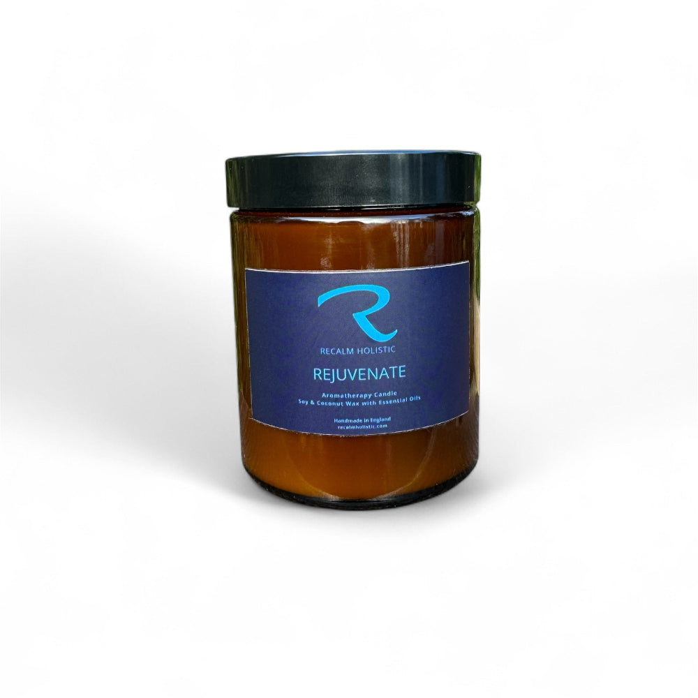 180ml REJUVENATE citrus aromatherapy candle in an amber glass jar with lid by Recalm Holistic