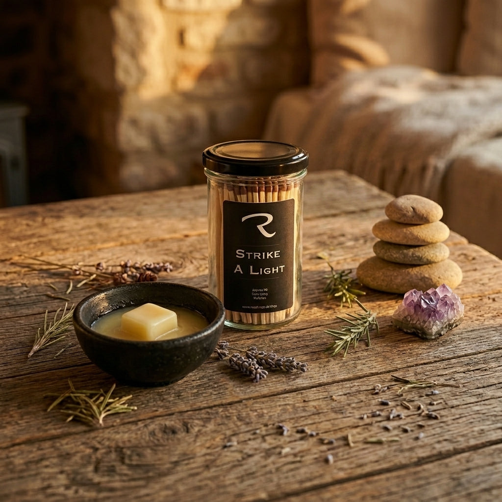 Strike a Light candle matches by ReCalm Holistic, for candle lovers. Elegant glass jar of Strike a Light extra long wooden candle matches perfect fr lighting your ReCalm Holistic Aromatherapy Candles, handcrafted in Wiltshire UK.