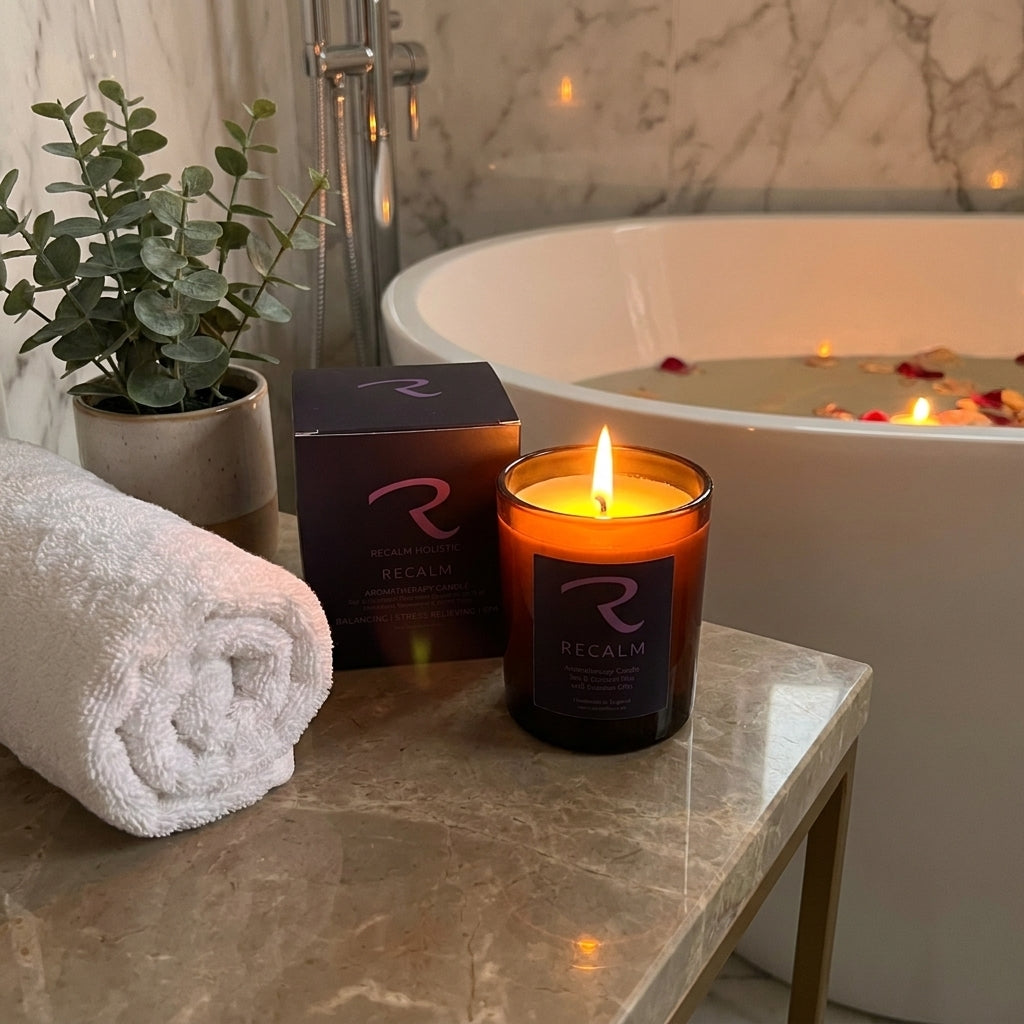 A lit full-size ReCalm Holistic apothecary amber jar candle casting a warm, serene glow on a clean spa surface, showcasing a luxury independent alternative to mass-market aromatherapy brands