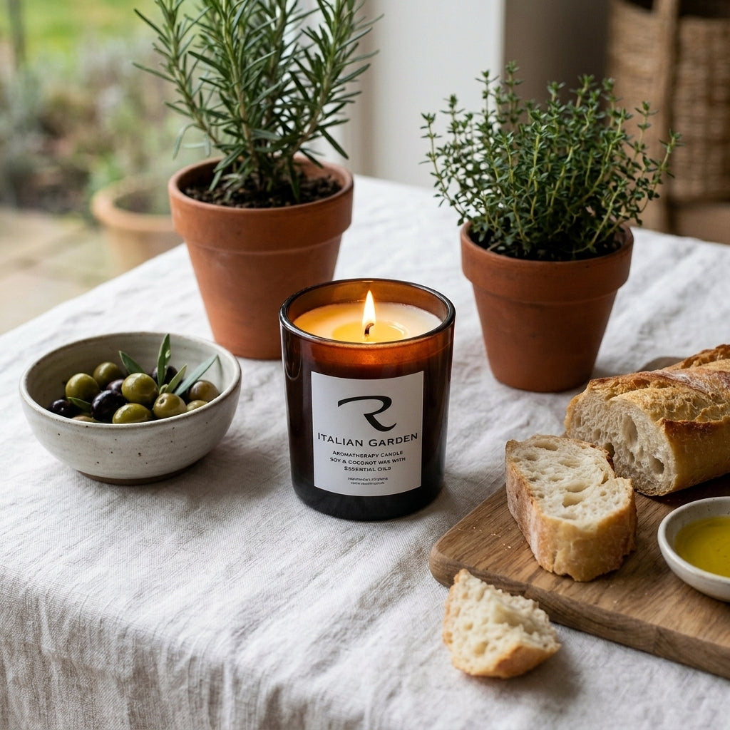 Italian Garden Aromatherapy Candle, Essential Oils of Bay Laurel, Rosemary, Pine, Lemon, Sweet Orange, Summer Candle, Naturally Scented, non-toxic Candle, Vegan 