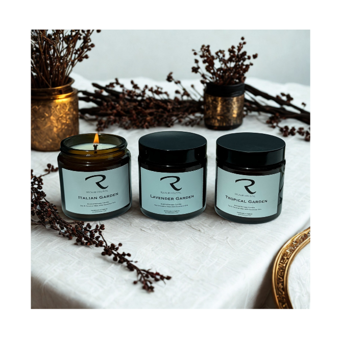 Three 120ml aromatherapy candles by Recalm Holistic—Italian Garden, Tropical Garden, and Lavender Garden—lined up on a white background