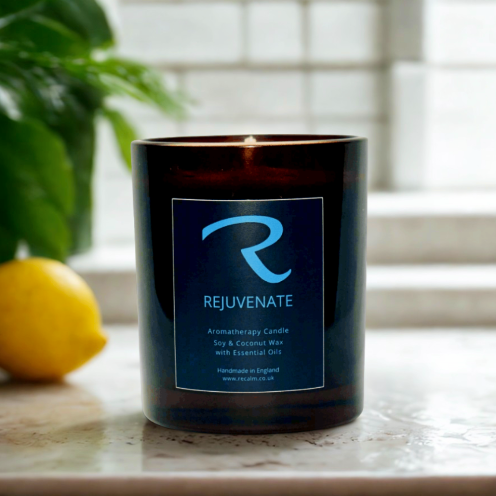 Rejuvenate Candle, Aromatherapy Candle, with Essential Oils, Luxury Spa Amber Apothecary Vessel, Awaking, Focus, Uplifting blend of Sweet Orange, Lemon and Lime