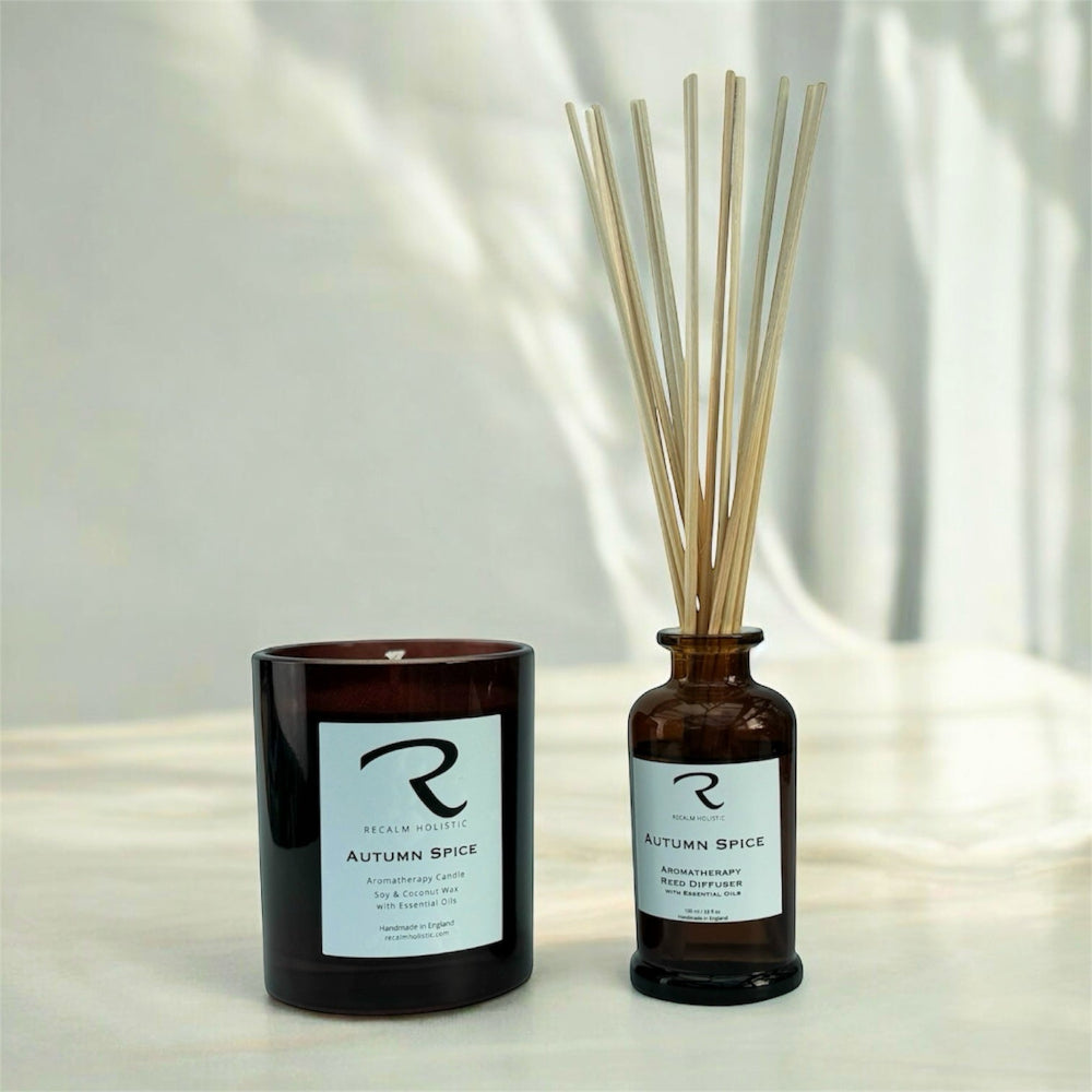Autumn Spice Candle and Matching Autumn Spice Reed Diffuser by ReCalm Holistic, Amber Luxury Vessels, Exquisite design, Finest quality handmade to perfection with 100% natural essential oils, good for you and kind to our planet