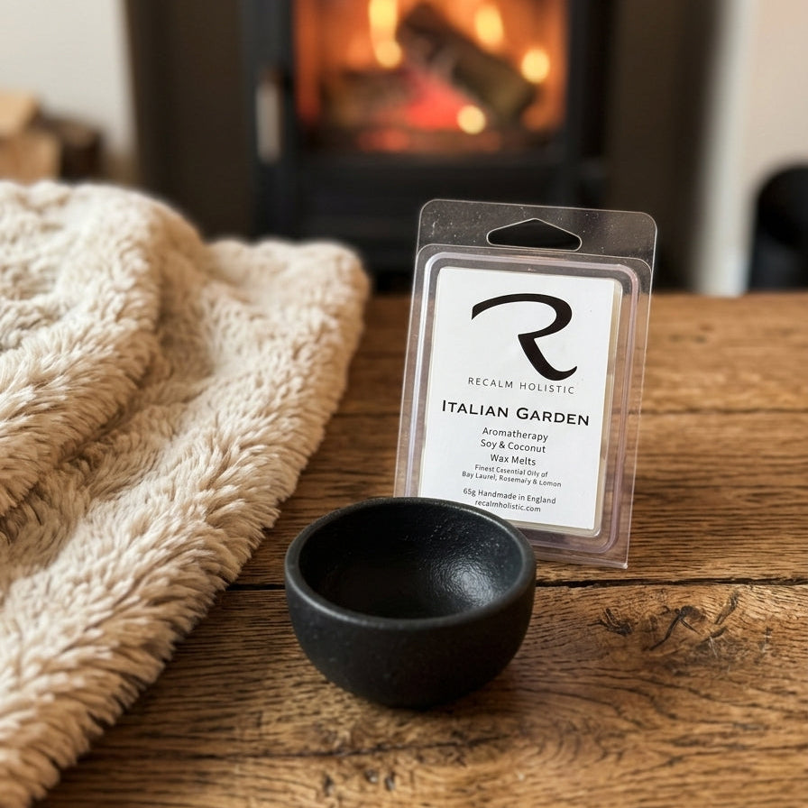 Wax Melter by ReCalm Holistic with Italian Garden Wax Melts by a cosy fire, place one of the wax melts in the wax melter on the wood burner and as the fire warms up the wax will melt and the natural aroma will fill the room which is made using soy wax and pure essential oils