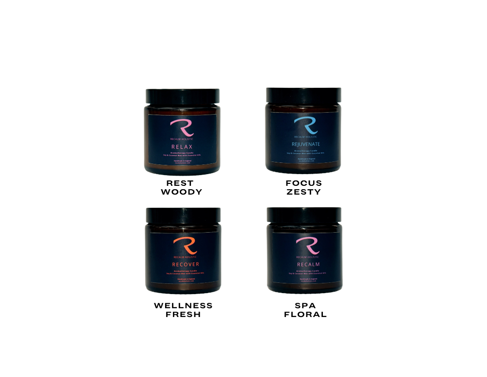 ReCalm Holistic Aromatherapy Candles Collection of 4 Signature range candles to Relax, Rejuvenate, Recover and ReCalm your senses, luxury handmade 100% natural essential oil candles