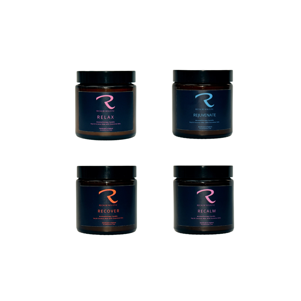 Collection of 4 Aromatherapy Candles, to Relax, Rejuvenate, Recover and ReCalm, handmade using the finest 100% natural ingredients, beautifully presented in magnetic box