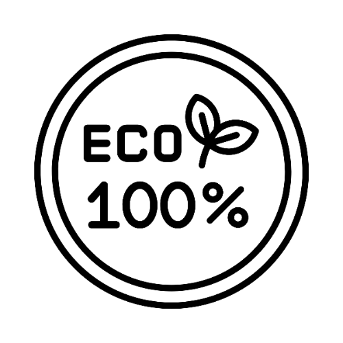 Circular logo with 'ECO 100%' text and a leaf symbol on a white background