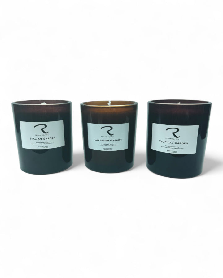 Italian Garden, Lavender Garden, Tropical Garden, ReCalm Holistic Finest Collection of Exquisite Garden Candles in Luxury 300 ml Amber Thick Glass Vessels made with pure essential oils