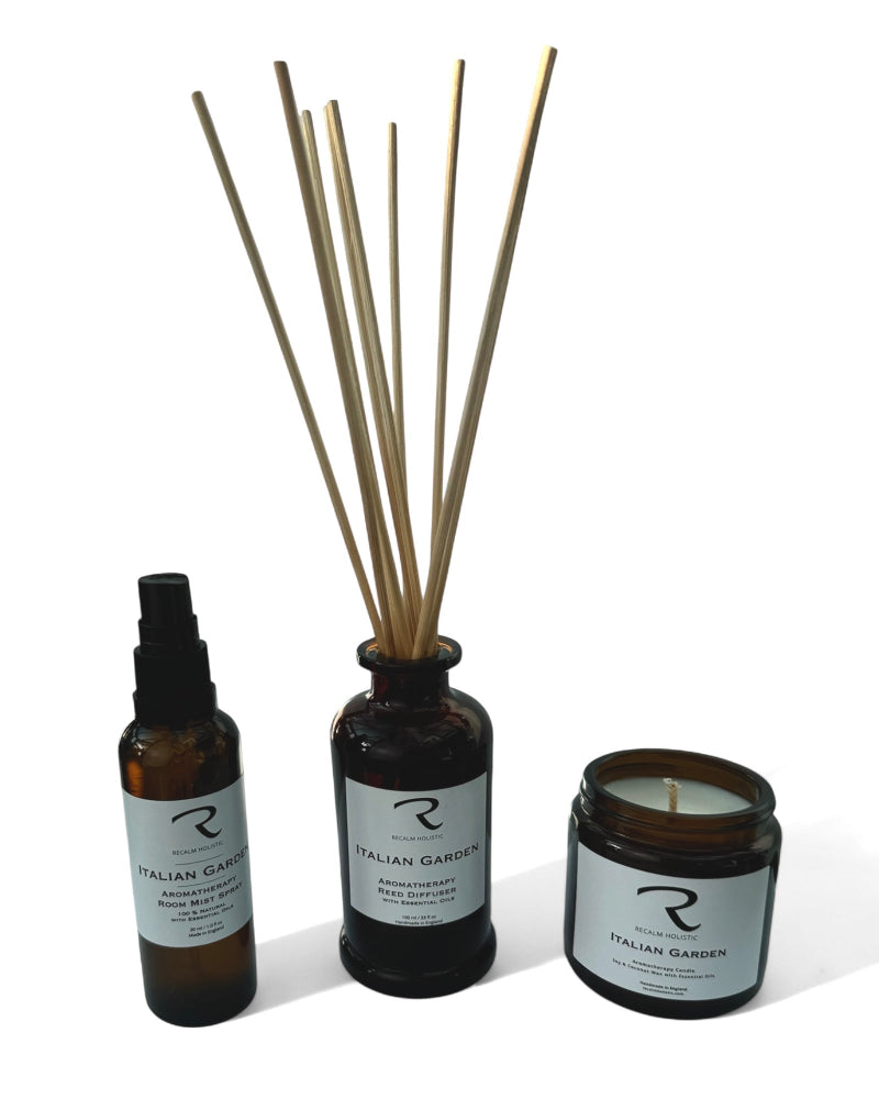 Italian Garden Set of 3 products, Italian Garden Reed Diffuser, with matching Aromatherapy Room Mist Spray, and Aromatherapy Candle - 100% Natural by ReCalm Holistic, the Finest Aromatherapy Company in the UK