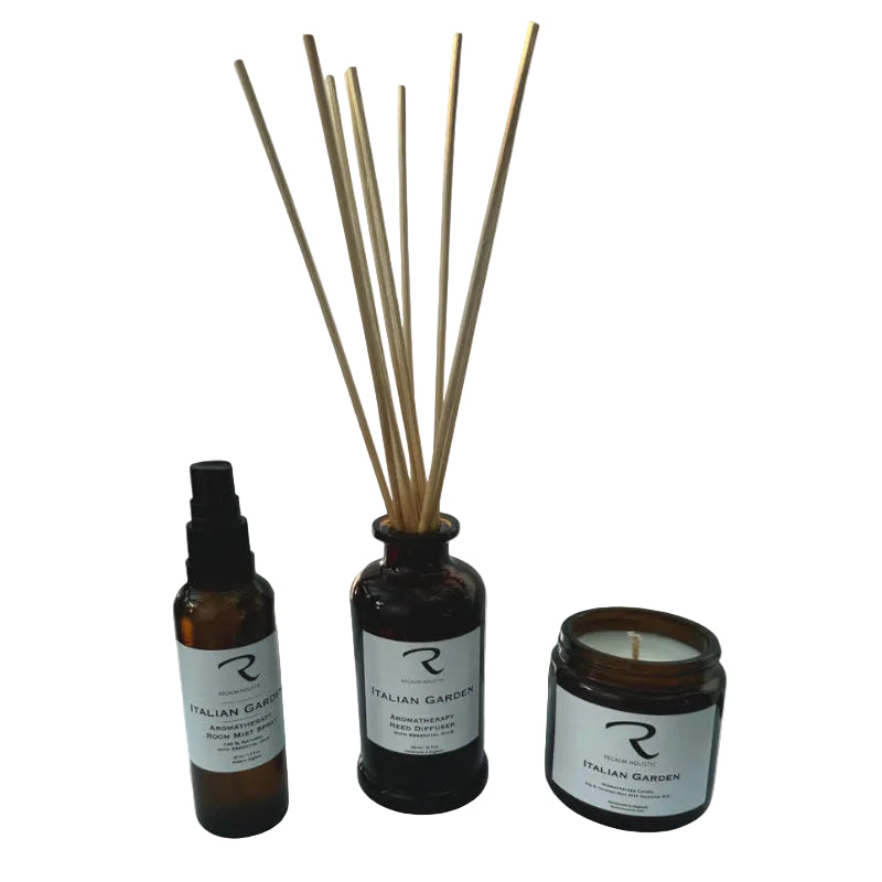 Italian Garden Set of 3 products, Italian Garden Reed Diffuser, with matching Aromatherapy Room Mist Spray, and Aromatherapy Candle - 100% Natural by ReCalm Holistic, the Finest Aromatherapy Company in the UK