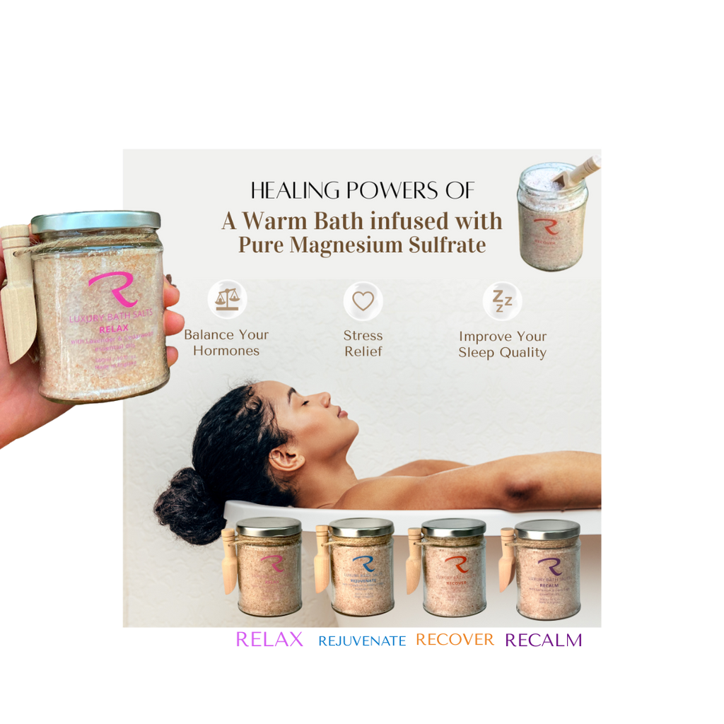 Magnesium sulfate Bath Salts by ReCalm Holistic, for stress relief, improved sleep quality, balancing hormones, pain relief