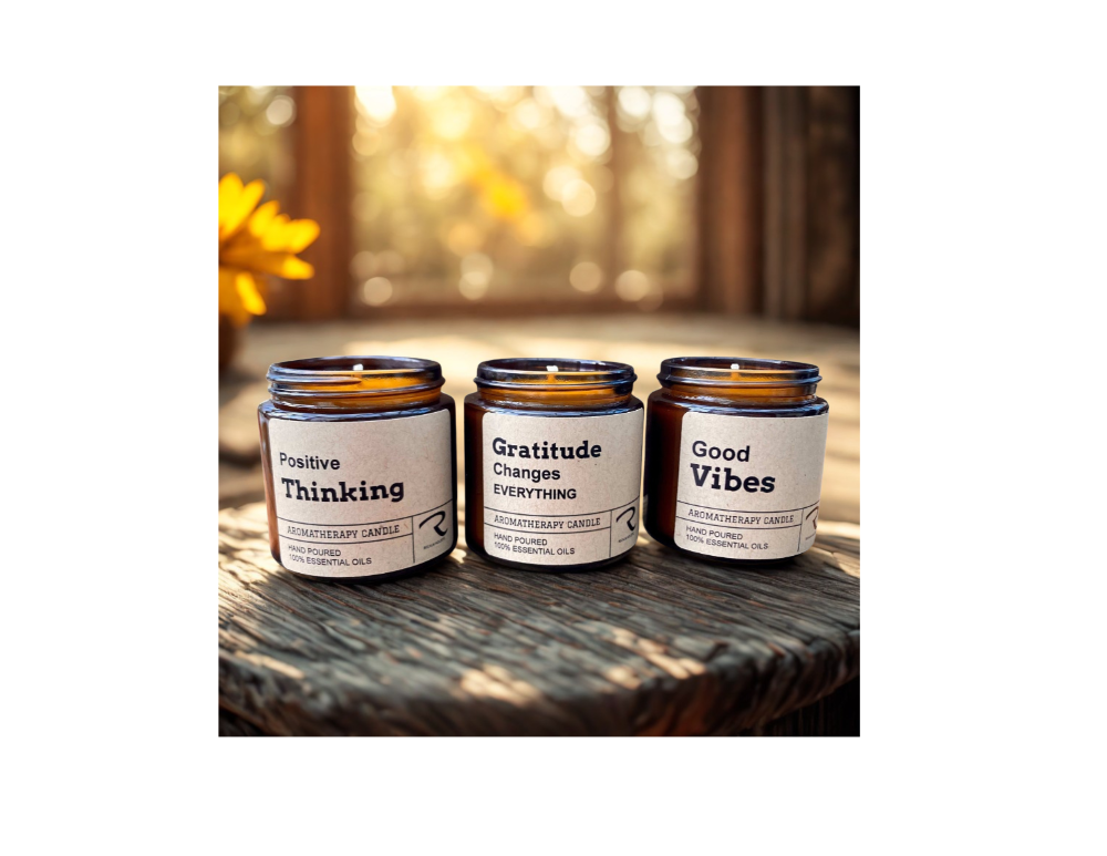 Three candles with motivational labels: Mindfulness Set of 3 candles with different aromas in each:  Positive Thinking, Positive Thinking Candle
REJUVENATE Blend aroma, Gratitude Changes EVERYTHING Candle
AUTUMN Spice, Good Vibes with Lavender Garden Aroma - 100% Natural by ReCalm Holistic