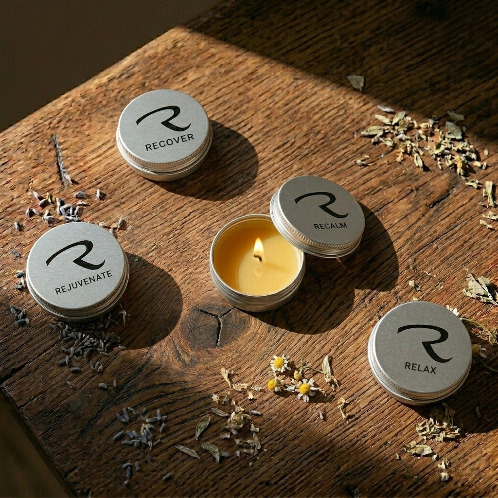 Set of four candles with lids labeled 'Recover', 'Recalm', 'Rejuvenate', and 'Relax' on a wooden surface with dried herbs.