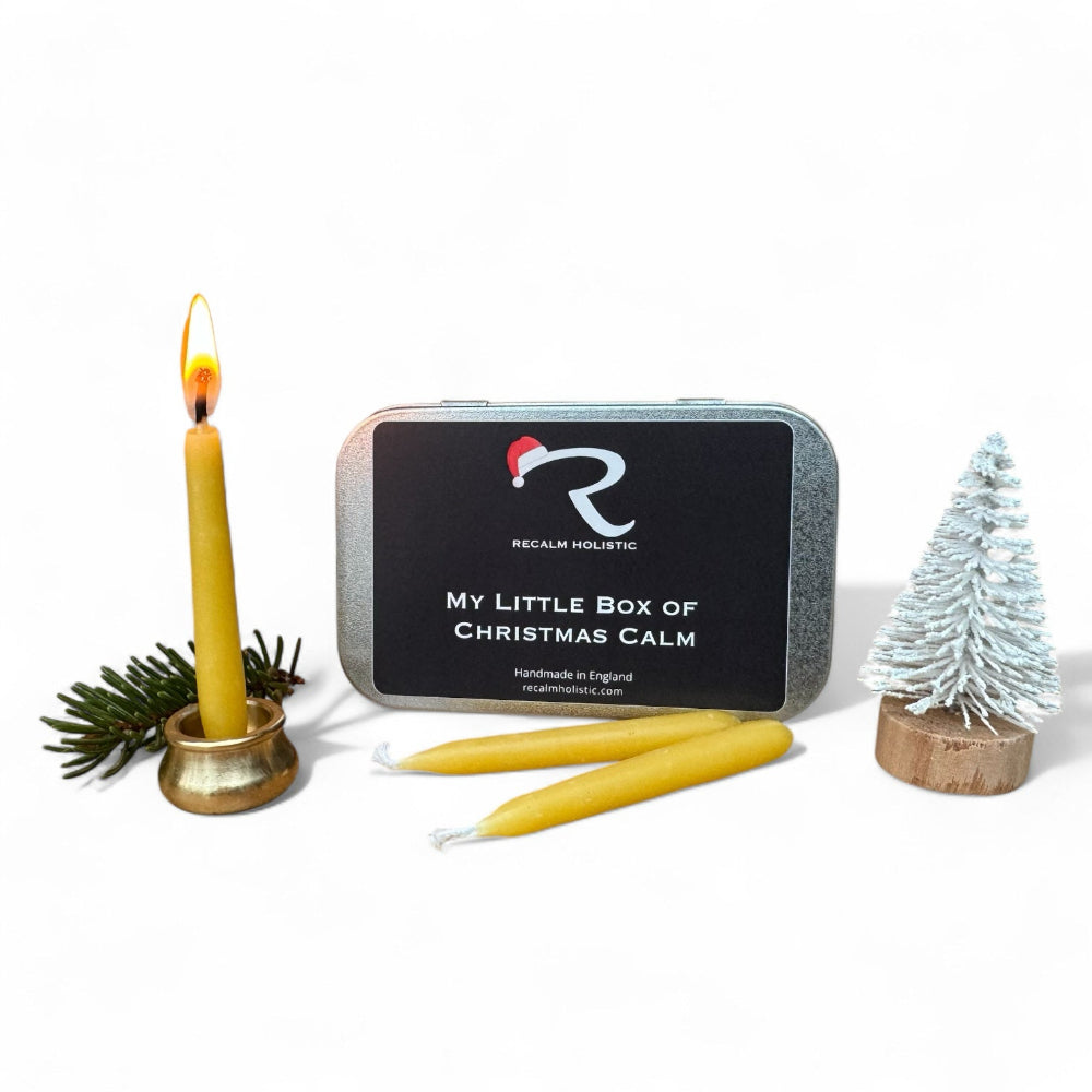 My Little Box of Christmas Calm Cute Tin of 10 x mini Beeswax Candles, with solid brass stand, each burning for 25 mins, handmade by ReCalm Holistic, UK, England, The finest Candle Maker in the UK