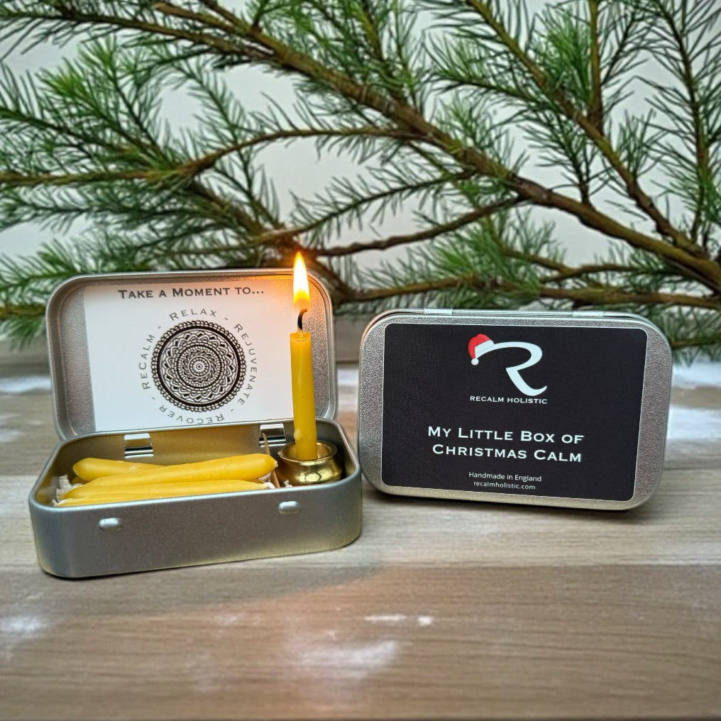My Little Box of Christmas Calm, Unique Christmas Gift for Everyone, in Hinged opening tin, with solid brass stand, 10 x mini finest beeswax taper candles which burn for 25 mins each, take a moment to Relax Rejuvenate Recover and ReCalm 