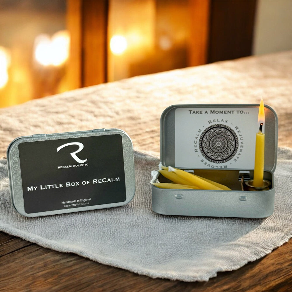 My Little Box of ReCalm Mini Beeswax Candles Set in Little portable tin, 10 x mini candles, each burning for 25 minutes to perfection, taking a moment to gather your thoughts, write your to do list for the day, have a hot bath, meditation, yoga, reading a book...