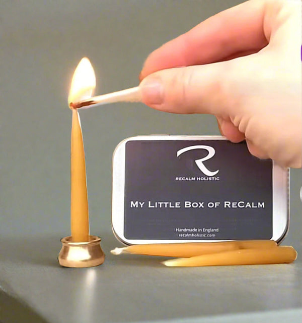 My Little Box of ReCalm Beeswax Candles Brass Stand