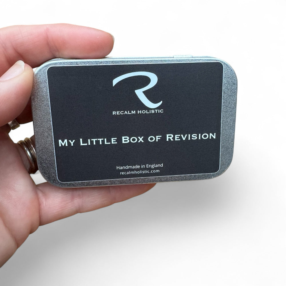 Hand holding a small rectangular box with My Little Box of Revision, mini beeswax candles