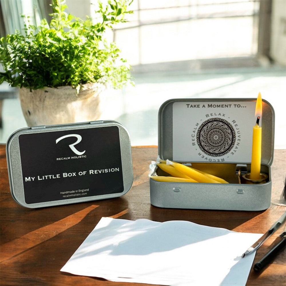 Small portable revision kit with a candle, My Little Box of Revision, 25 minute beeswax candles
