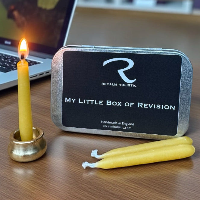 My Little Box of Revision' with candles on a desk next to a laptop, the perfect 25 min mini pure beeswax candles with cotton wicks to help you to calm your emotions and focus