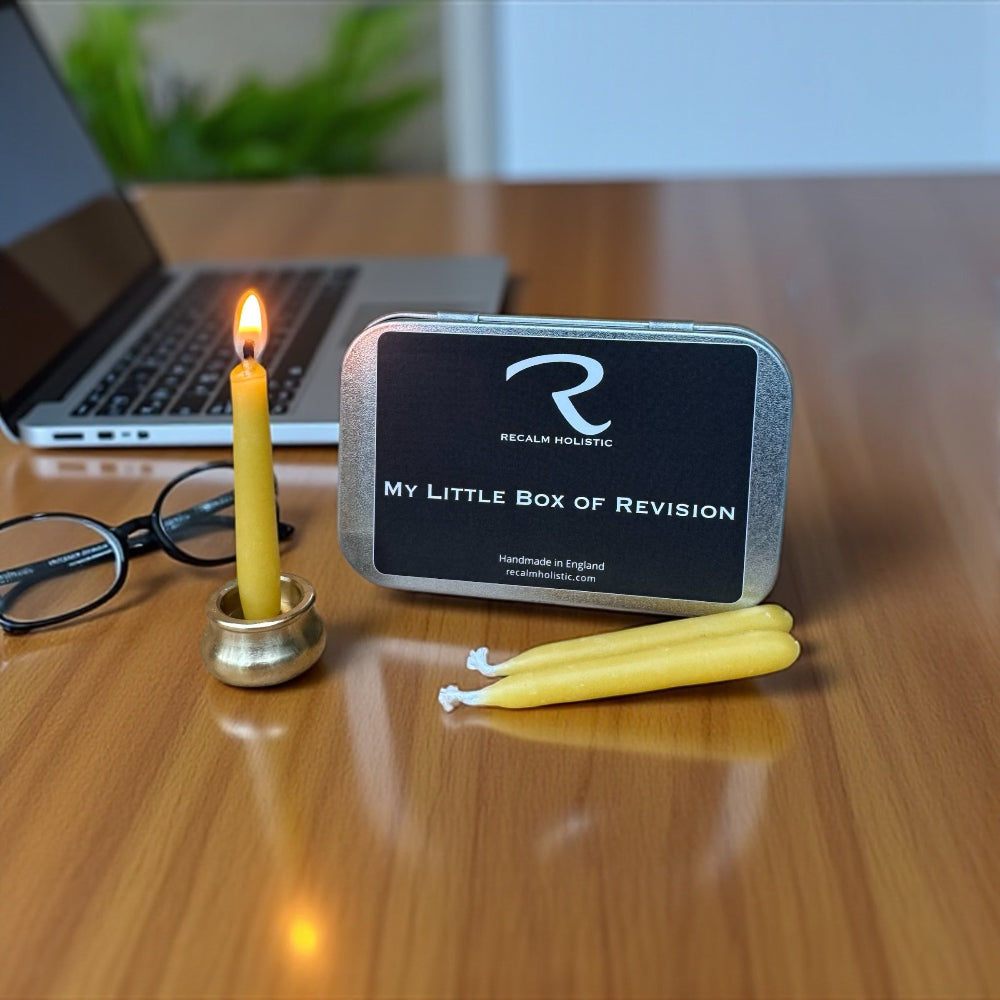 My Little Box of Revision' by ReCalm Holistic, finest quality mini beeswax candles which burn for 25 minutes to perfect with little mini solid brass stand