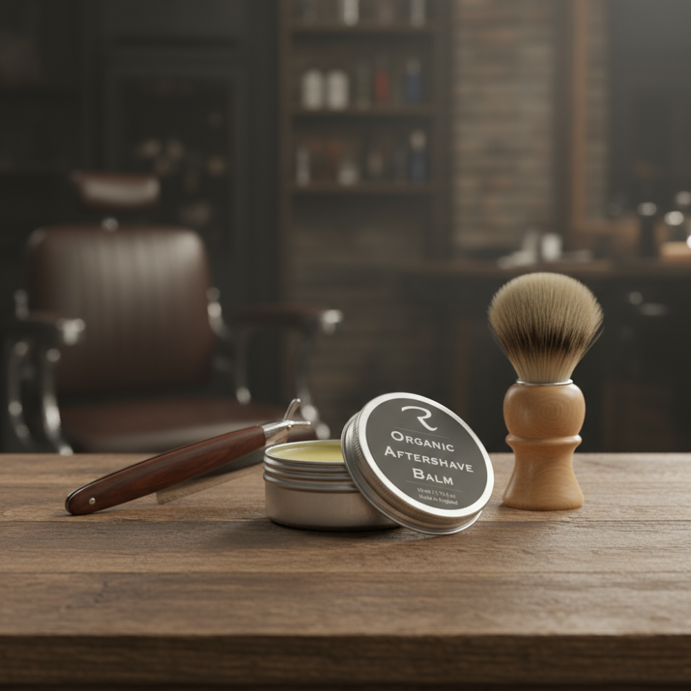 Barber shop setup with organic aftershave balm, shaving brush, and razor on a wooden table, featuring Organic Aftershave Balm by ReCalm Holistic