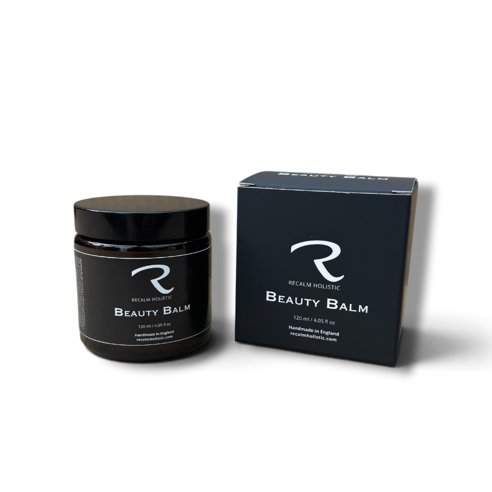 Barrier Repair Balm, ReCalm Beauty Balm in amber glass jar and black and white box