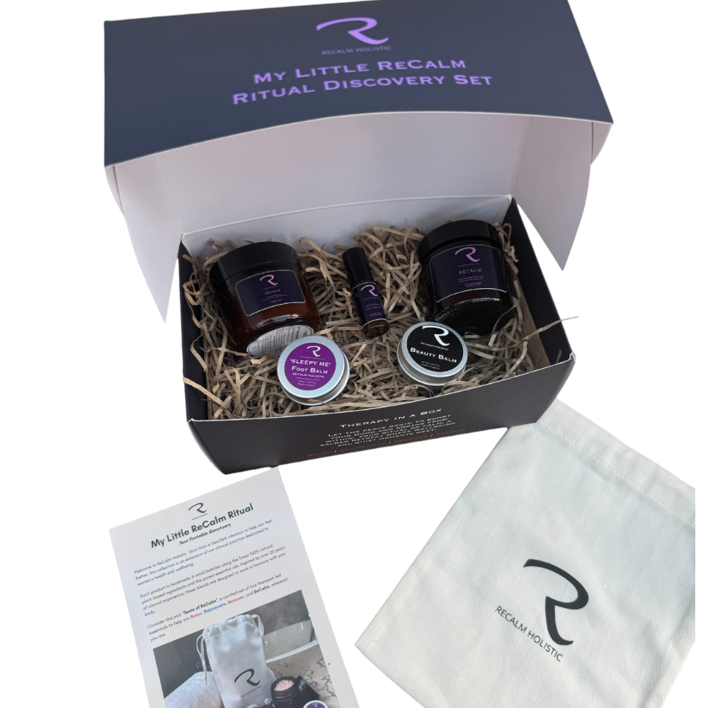 A Gift Box full of ReCalm Holistic's best sellers in miniature form, to create your relaxation home spa, self-care ritual, with roll on pulse points, aromatherapy candle, ReCalm Beauty Balm, ReCalm Sleepy Me Balm, ReCalm Botanical Bath Salts with information sheet and 100% cotton pouch. 