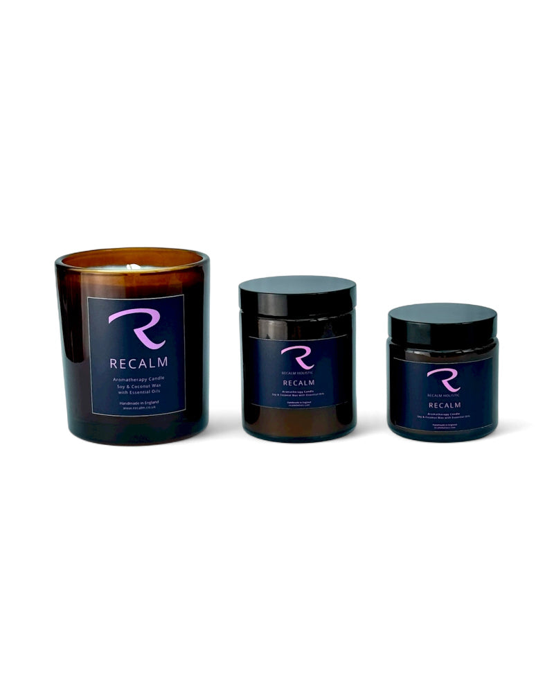 ReCalm Aromatherapy Candles with three size options, small, medium and large spa candle vessel, the finest aromatherapy candles in the UK are made by ReCalm Holistic, with Geranium, Rosemary and Clary Sage