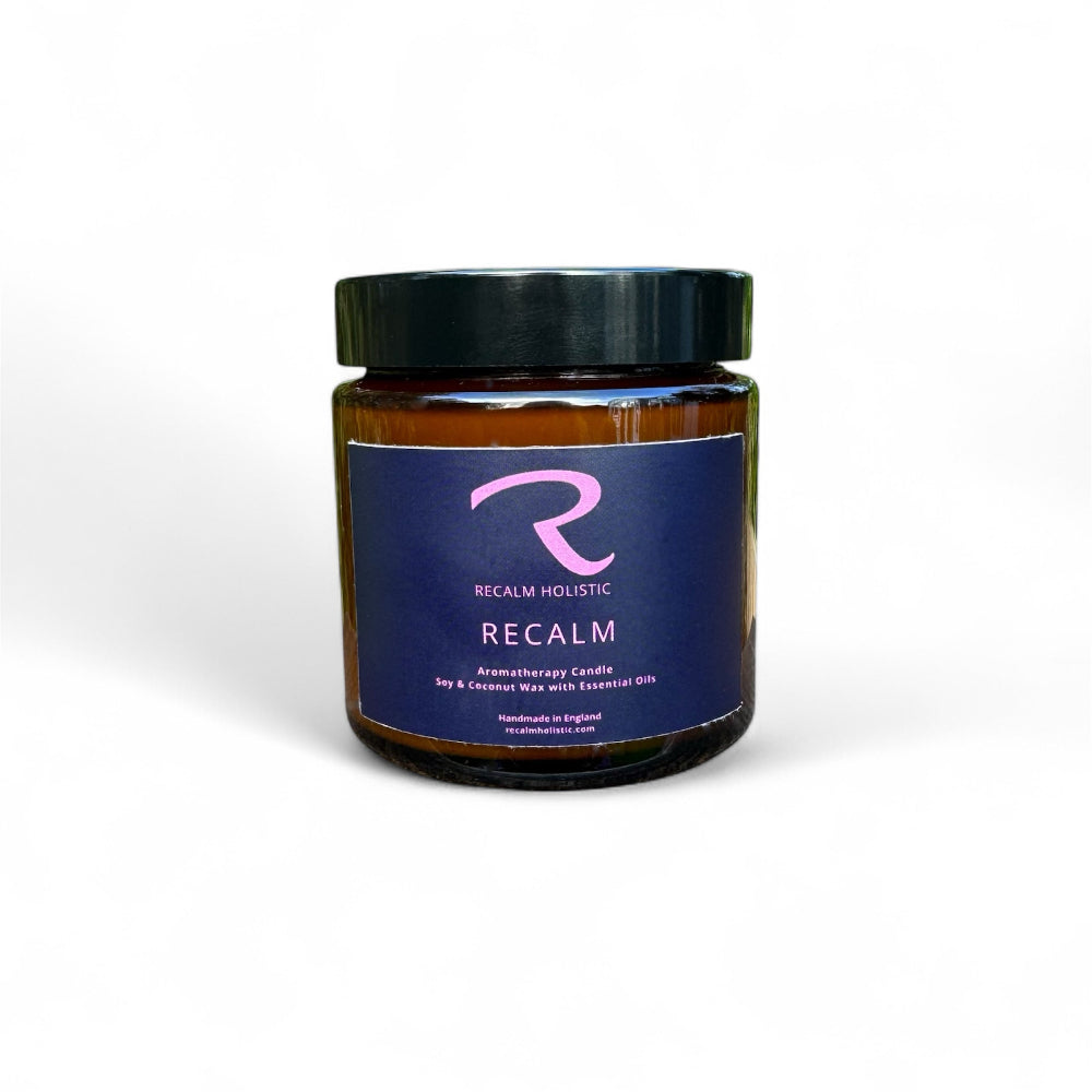 ReCalm Holistic Candle for Women's Balance, Geranium, Clary Sage and Rosemary Essential Oils, Floral - 100% Natural with vegan wax of Soy and Coconut, Therapy in a Jar, Self Care product