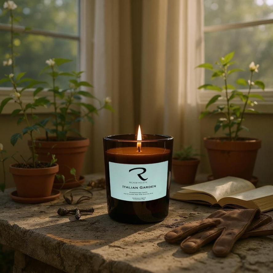 Candle labeled 'Italian Garden' on a table with plants and gardening tools in the background