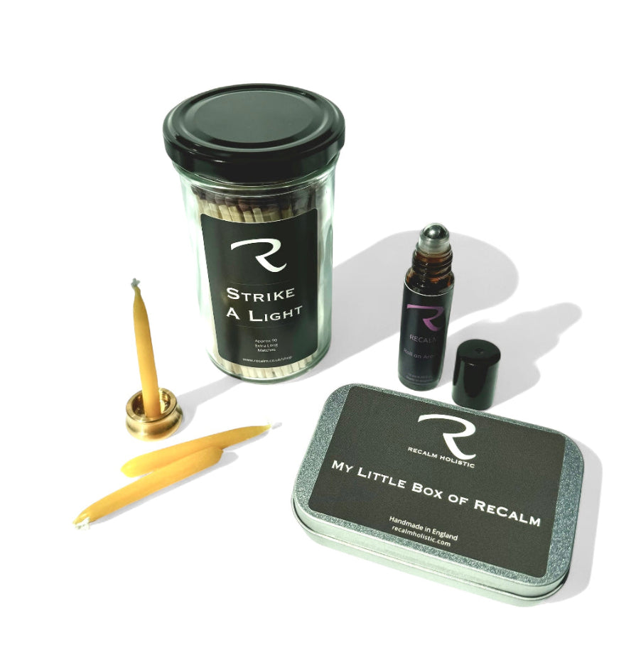 Meditation Bundle, with beeswax candles, pulse points roll on body oil, and 'Strike a Light' Candle Matches by ReCalm Holistic