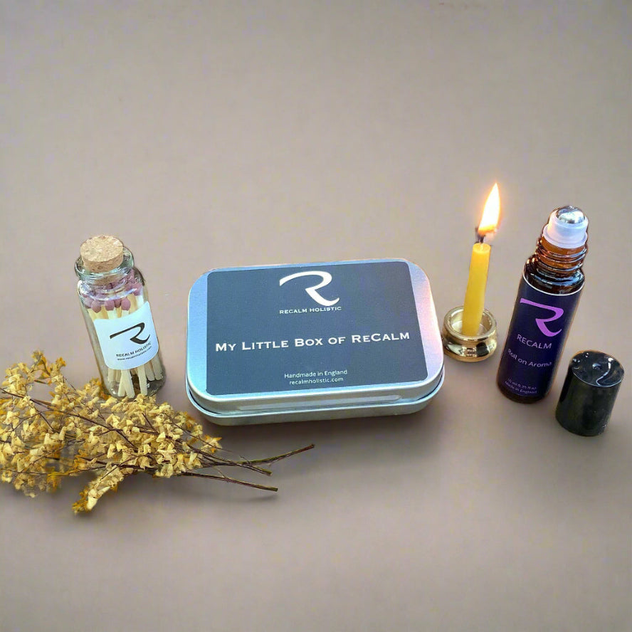 My Little Box of ReCalm Box of Beeswax Candles for Mindful Moments and Relaxation, cute stylish high quality unique tin to store the Candles and Pulse Points Oil 