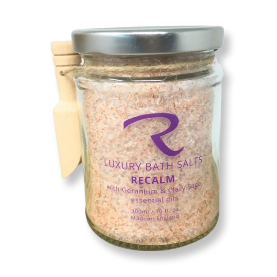 ReCalm Luxury Natural Bath Salts with pure essential oils of Geranium, Rosemary and Clary Sage for Women's Balance