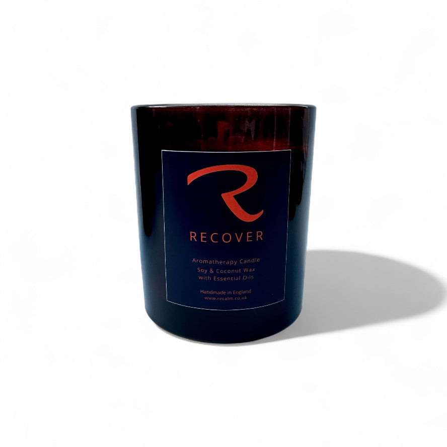 Recover Aromatherapy Candle in 300ml Amber Apothecary Candle Vessel with pure essential oils of Ecalyptus, Rosemary and Pine 