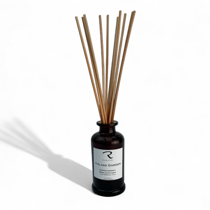 Reed diffuser with wooden sticks in a black bottle labeled 'Italian Garden' on a white background
