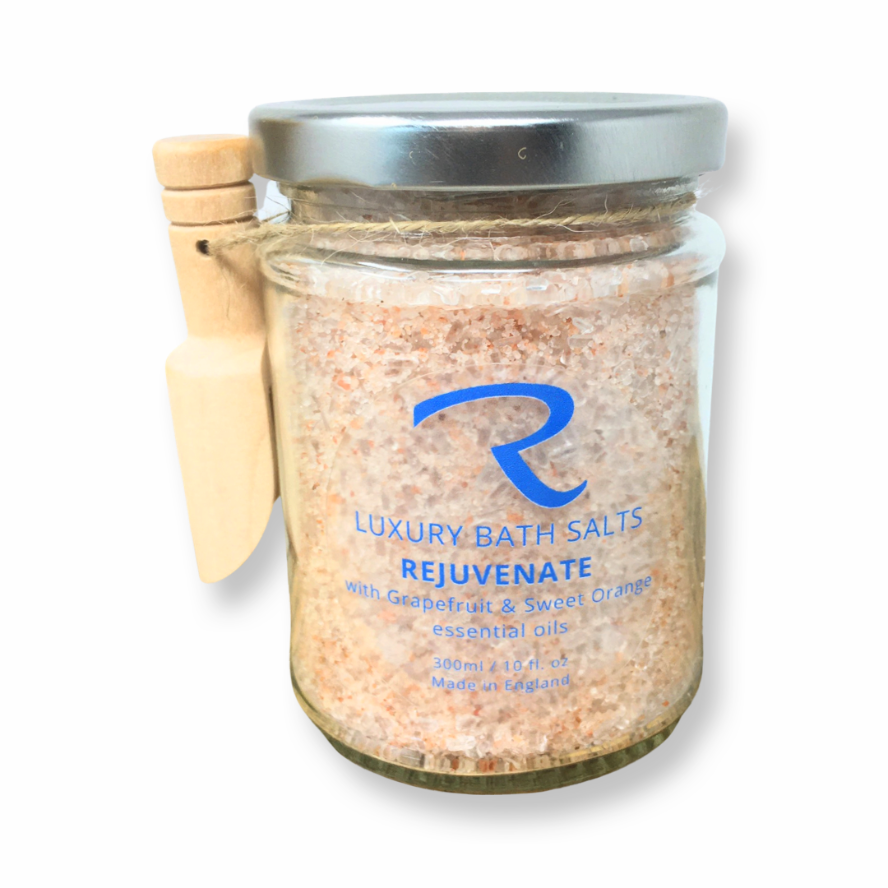 Rejuvenate Bath Salts in 300ml glass jar with wooden scoop, mood boosting energising blend of essential oils and epsom salts