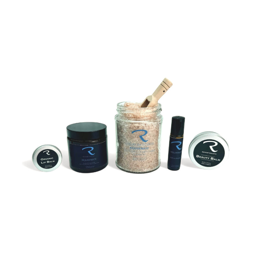 Self Care and Wellbeing handmade Bundle of Aromatherapy Candle, Bath Salts, Pulse Points, Beauty Balm and Lip Balm