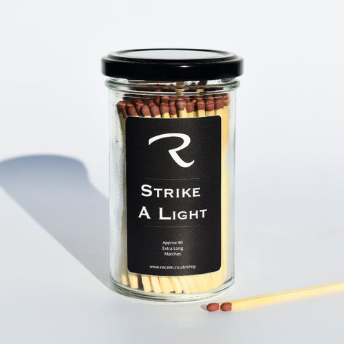 Our Strike a Light candle matches in a striking glass jar:  reusable and elegrant, perfect for candle lovers