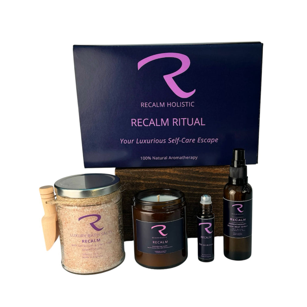Recalm Holistic self-care products including Aromatherapy Candle, with Matching Pulse Points, Botanical Bath Salts and Aromatherapy Room Mist Spray, Grounding, Stress Relieving, Spa Blend, for Women's Balance.