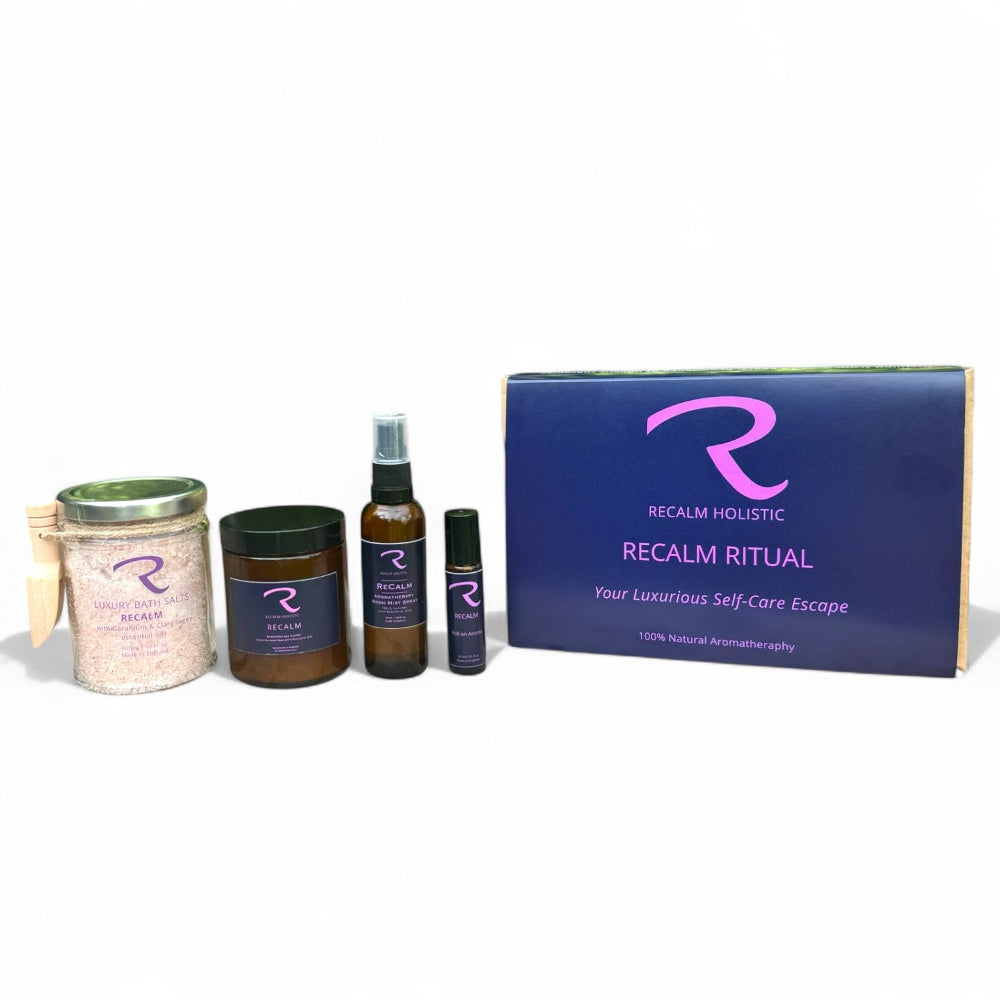 Recalm Holistic self-care products including Botanical Bath Salts, ReCalm Candle, ReCalm Room Mist Spray, ReCalm Roll on Aroma for Pulse Points 