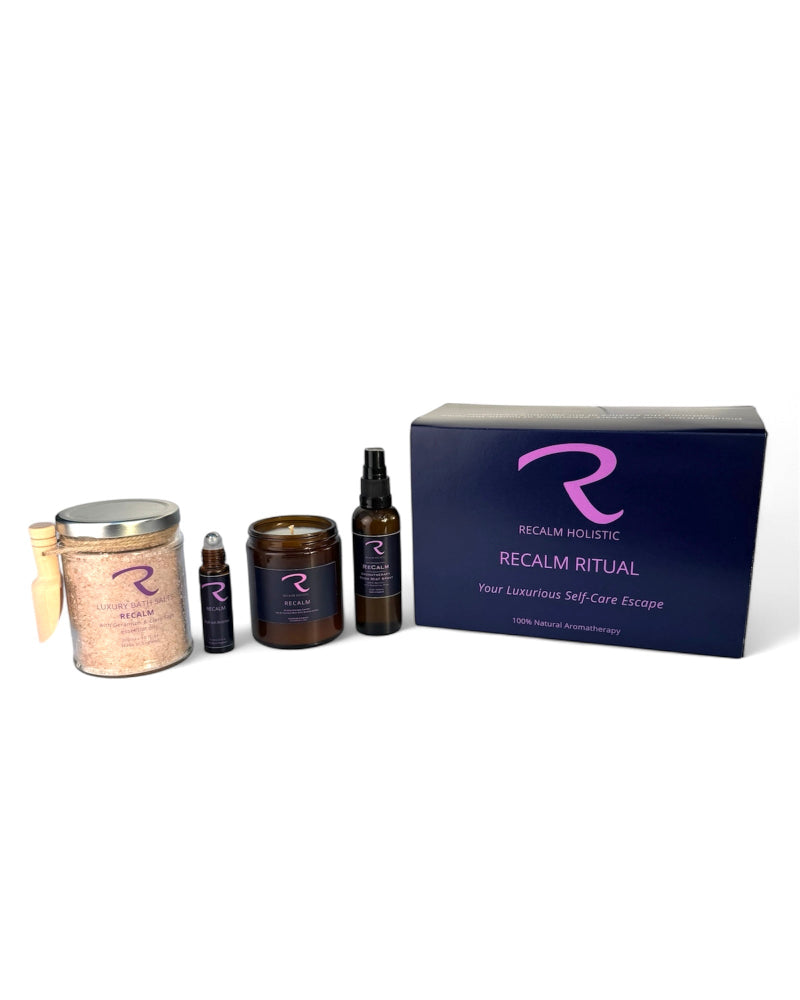 ReCalm Ritual Aromatherapy Gift Set, Set of Products to create your Weekly Self Care Routine, with Aromatherapy Candle, Pulse Points, Botanical Bath Salts and Aromatherapy Room Mist Spa, for Women's Balance, Grounding, Balancing, Stress Relieving Spa Blend of pure essential oils designed for Women's Balance of hormones.