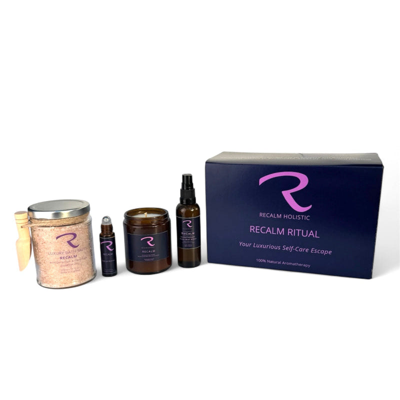 ReCalm Ritual Aromatherapy Gift Set, Set of Products to create your Weekly Self Care Routine, with Aromatherapy Candle, Pulse Points, Botanical Bath Salts and Aromatherapy Room Mist Spa, for Women's Balance, Grounding, Balancing, Stress Relieving Spa Blend of pure essential oils designed for Women's Balance of hormones.