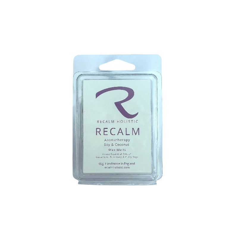Recalm Holistic aromatherapy wax melt packaging on a white background