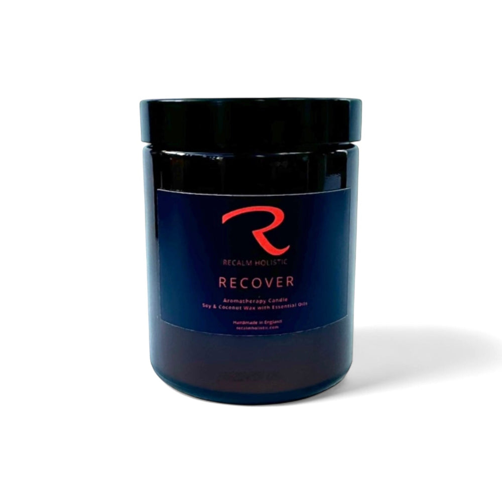 ReCover 180ml Aromatherapy Essential Oil Candle in Apothecary Glass Vessel with Orange Logo 'R' and Recover 