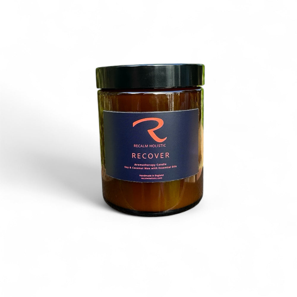 Recover Aromatherapy Candle in Amber Apothecary Glass Candle Jar Vessel with elegant black screw lid, with soy and coconut wax and pure essential oils, the finest candles are made by ReCalm Holistic in the UK