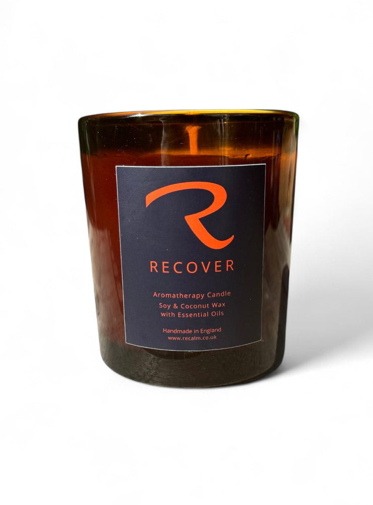 ReCalm Holistic Spa Candle in Luxury Amber 300ml large Glass Vessel with Recover label, Eucalyptus, Rosemary and Pine, Soy and Coconut Candle 100% natural