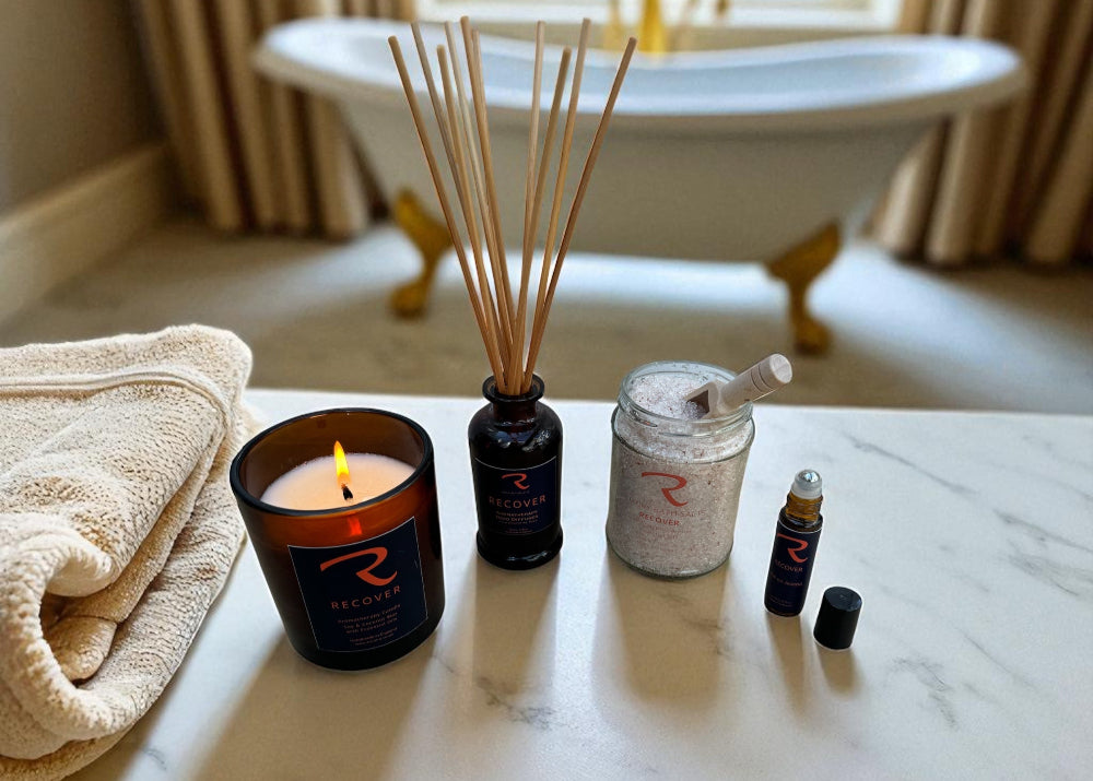 Recover Spa Gift Set with Luxury Spa Recover Candle, Matching Reed Diffuser, Botanical Bath Salts and Pulse Points, the ultimate wellbeing gift set with 100% pure natural ingredients with Eucalyptus, Rosemary and Pine