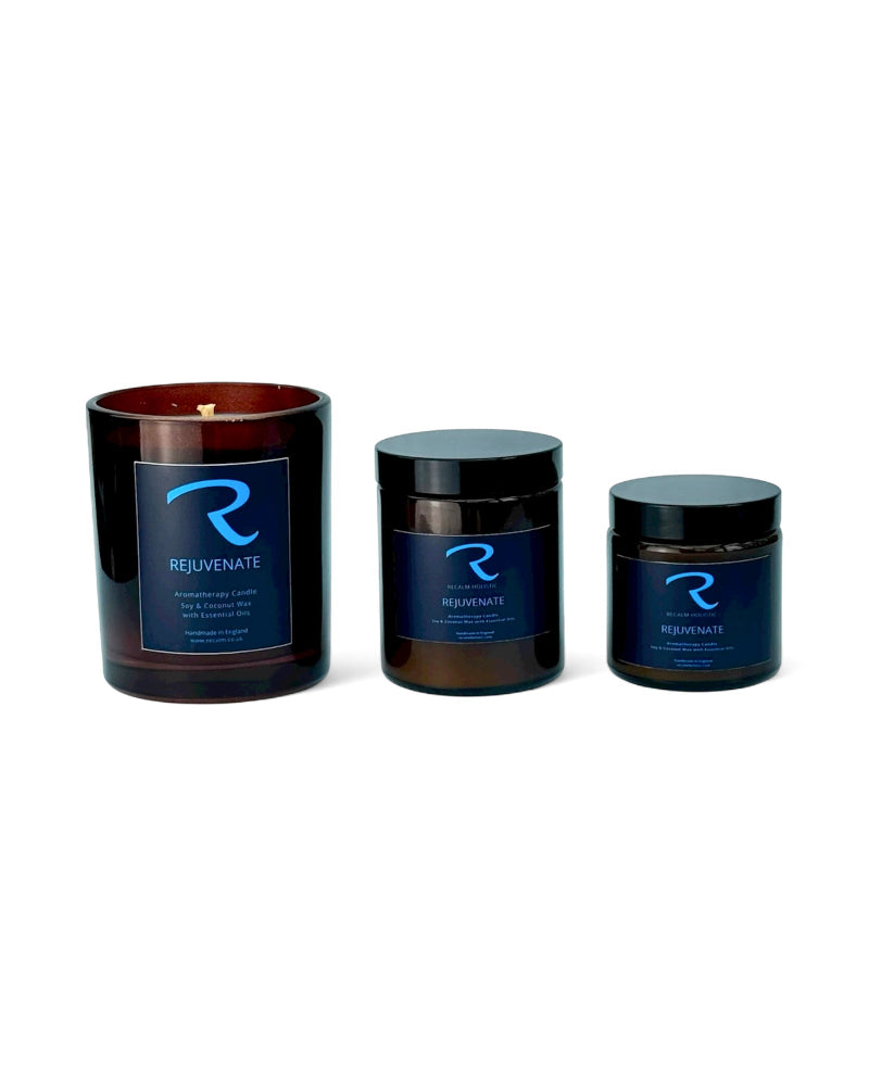 Rejuvenate Candle with 3 Size luxury candle vessels to choose from, all amber apothecary exquisite jars, handmade in the UK by ReCalm Holistic, the Finest Aromatherapy Candles in the UK